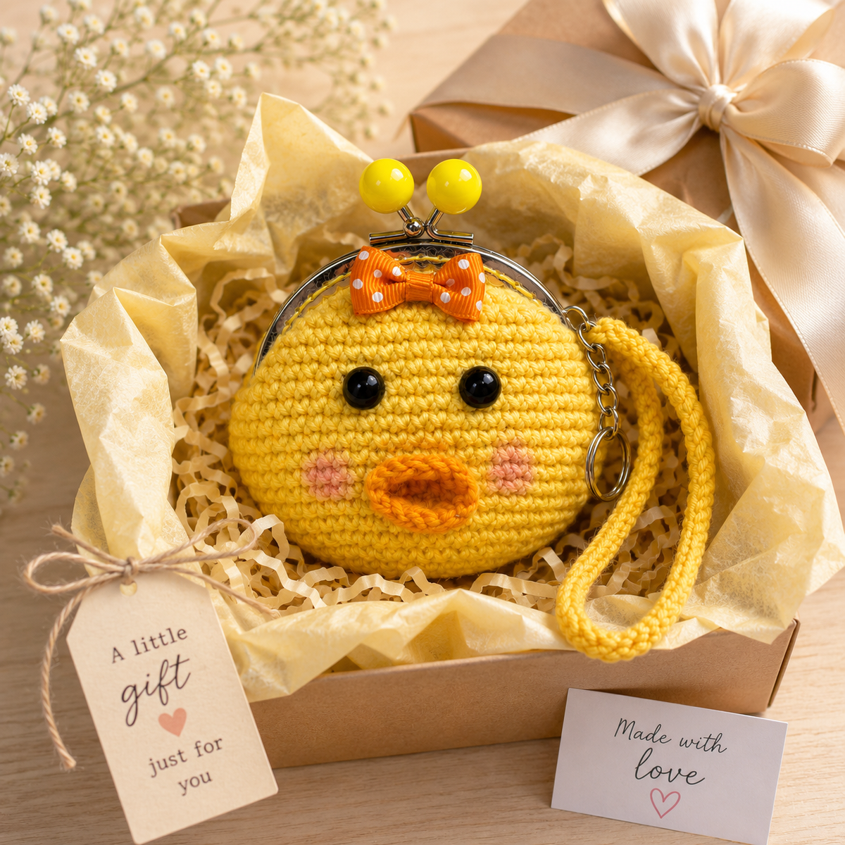 Handmade yellow crochet duck coin purse gift presentation
