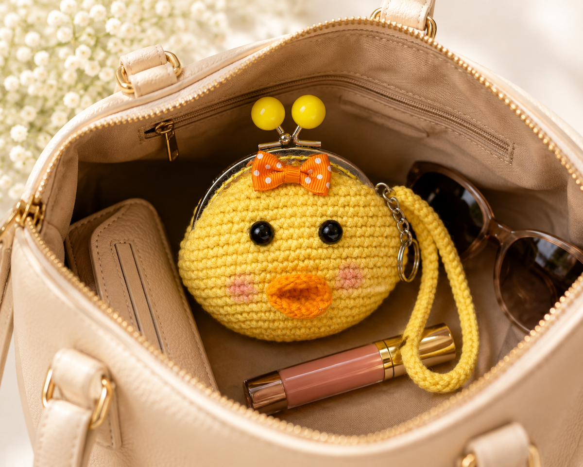 Handmade yellow crochet duck coin purse inside a cream handbag