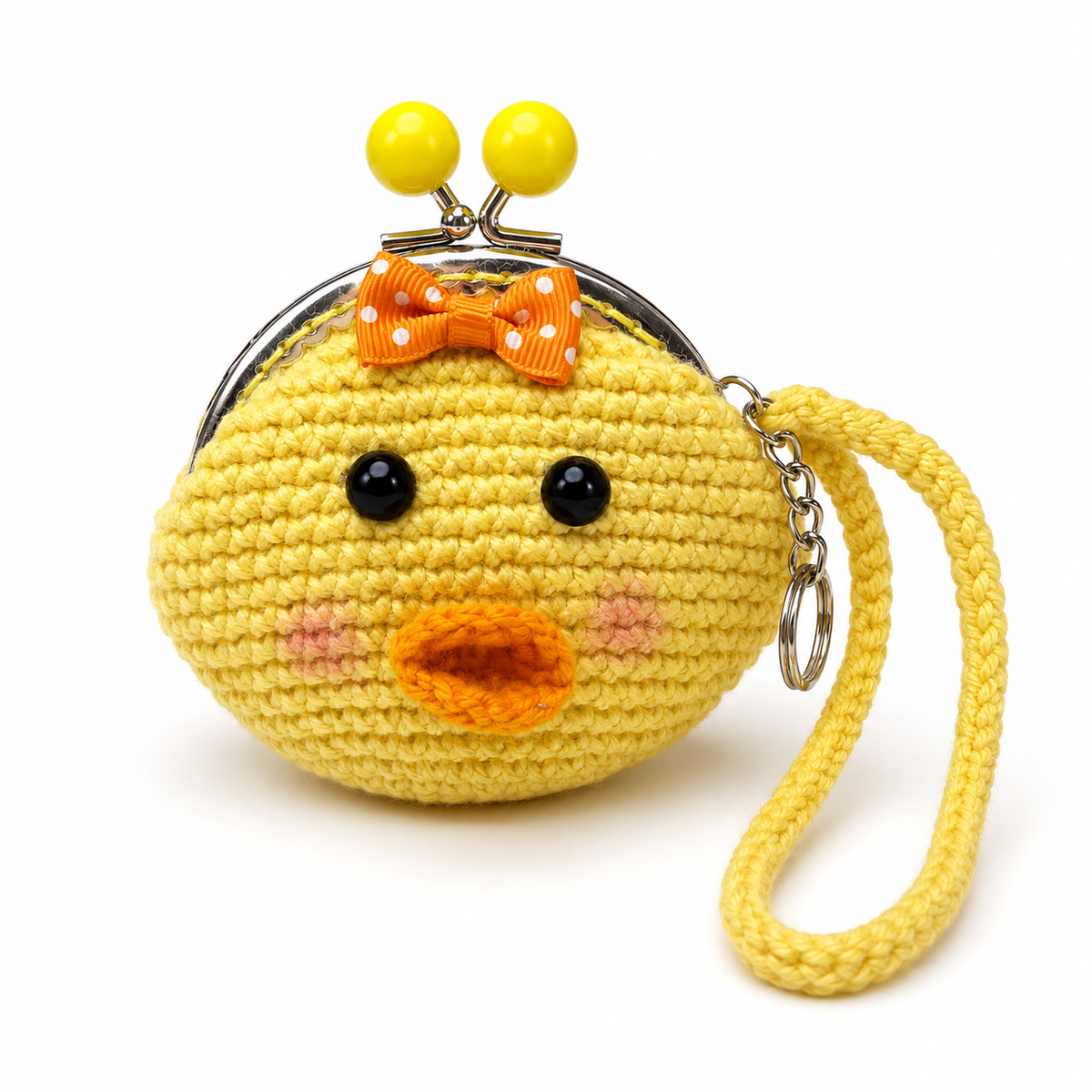Handmade yellow crochet duck coin purse with kiss-lock clasp