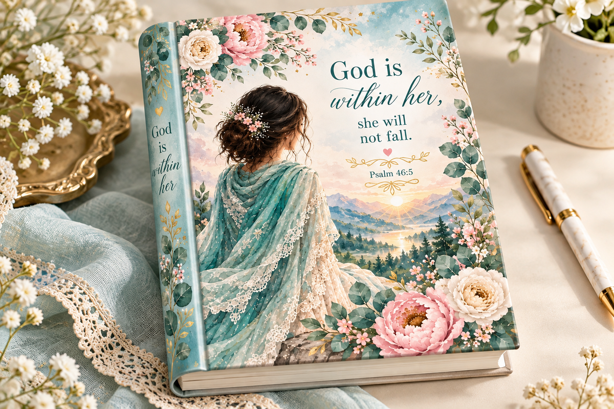 Finished prayer journal example using the English God Is Within Her cover