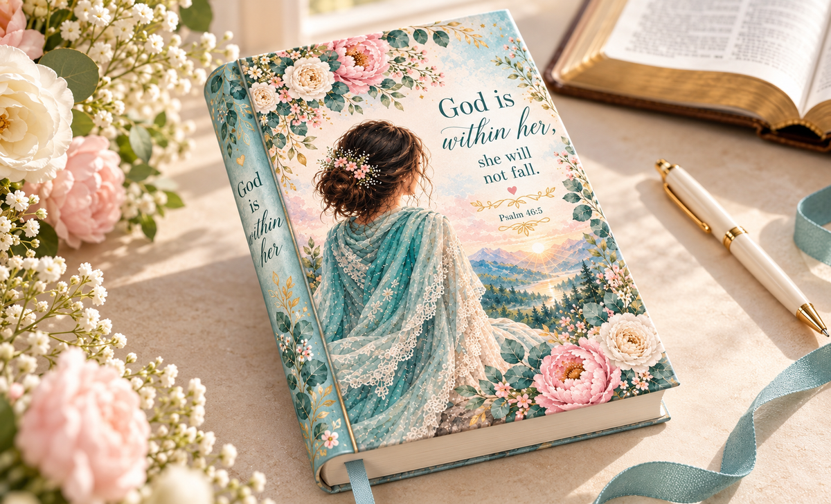 English God Is Within Her journal cover in a devotional setting