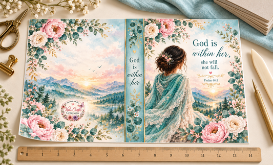 English God Is Within Her waterproof vinyl journal cover sheet, 14 by 8.5 inches
