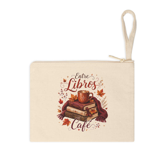 Entre Libros Café fall canvas wristlet pouch front view