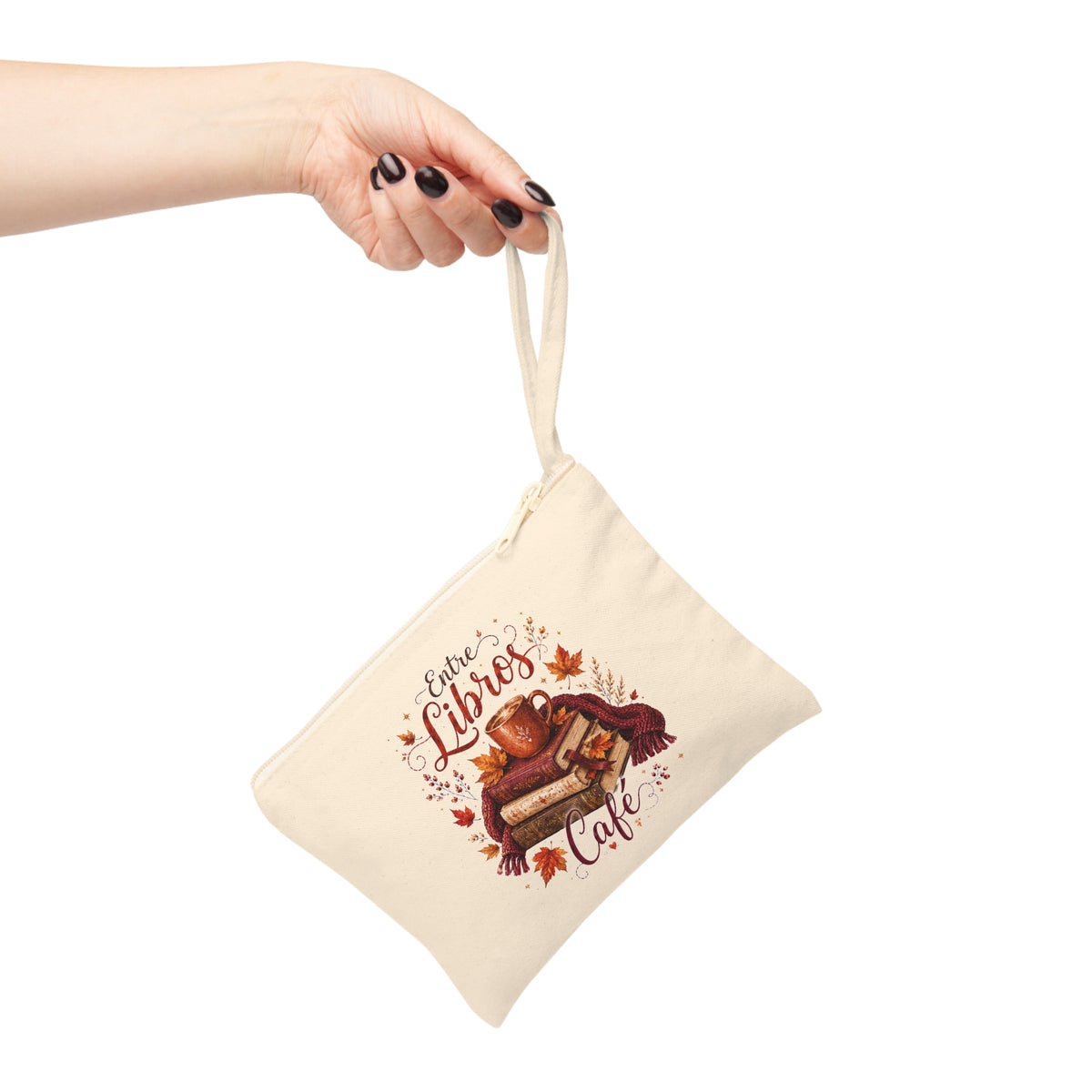 Autumn Entre Libros Café canvas wristlet pouch with books coffee and fall leaves