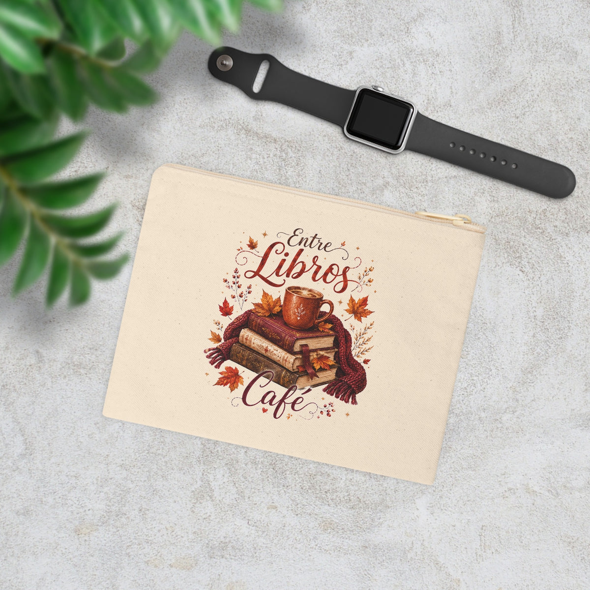 Entre Libros Café autumn books and coffee canvas pouch lifestyle flat lay