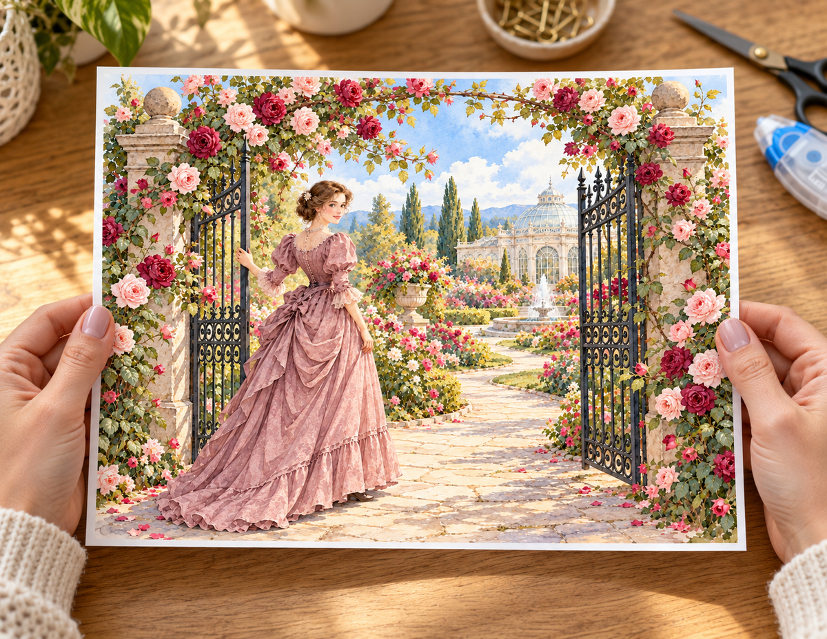 Crafter holding the rose garden gate landscape paper