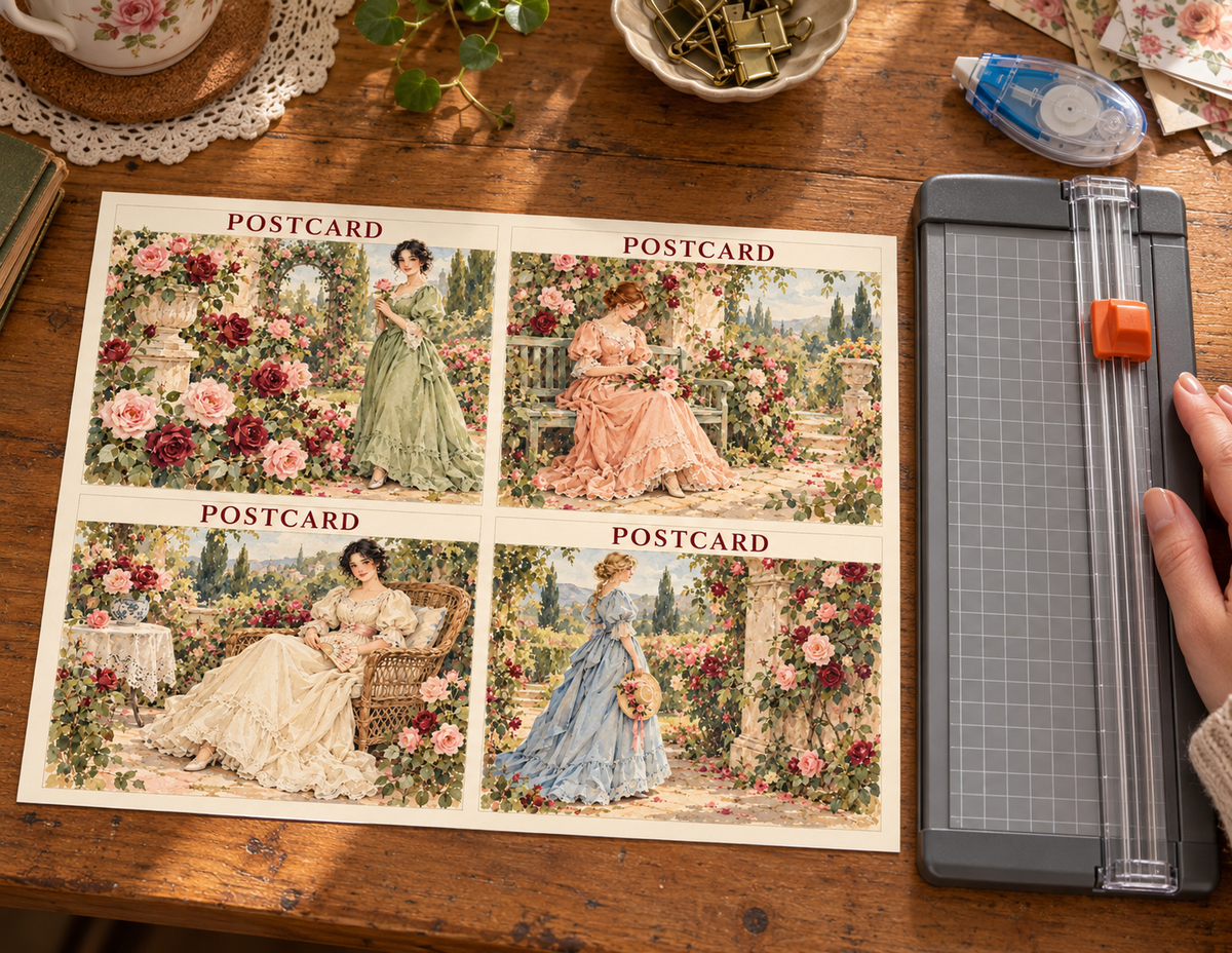 Four-postcard ephemera sheet beside a paper trimmer