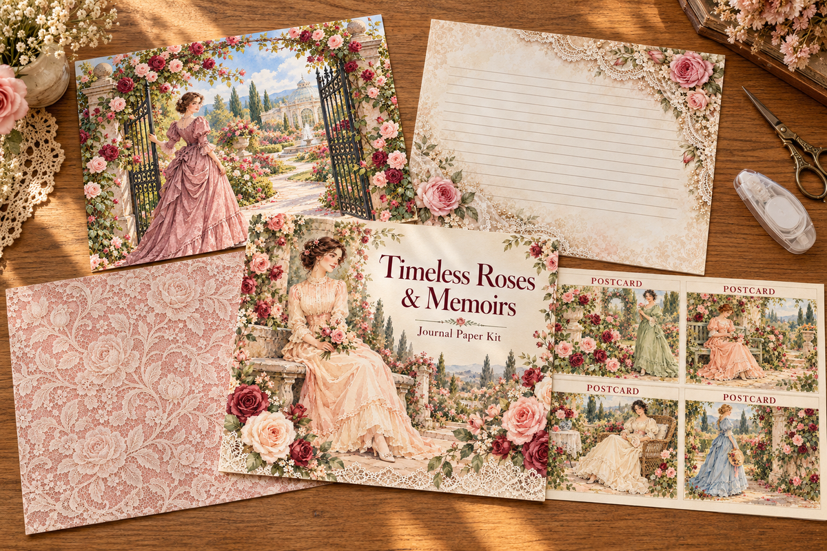 Complete Timeless Roses & Memoirs collection on a wooden craft table