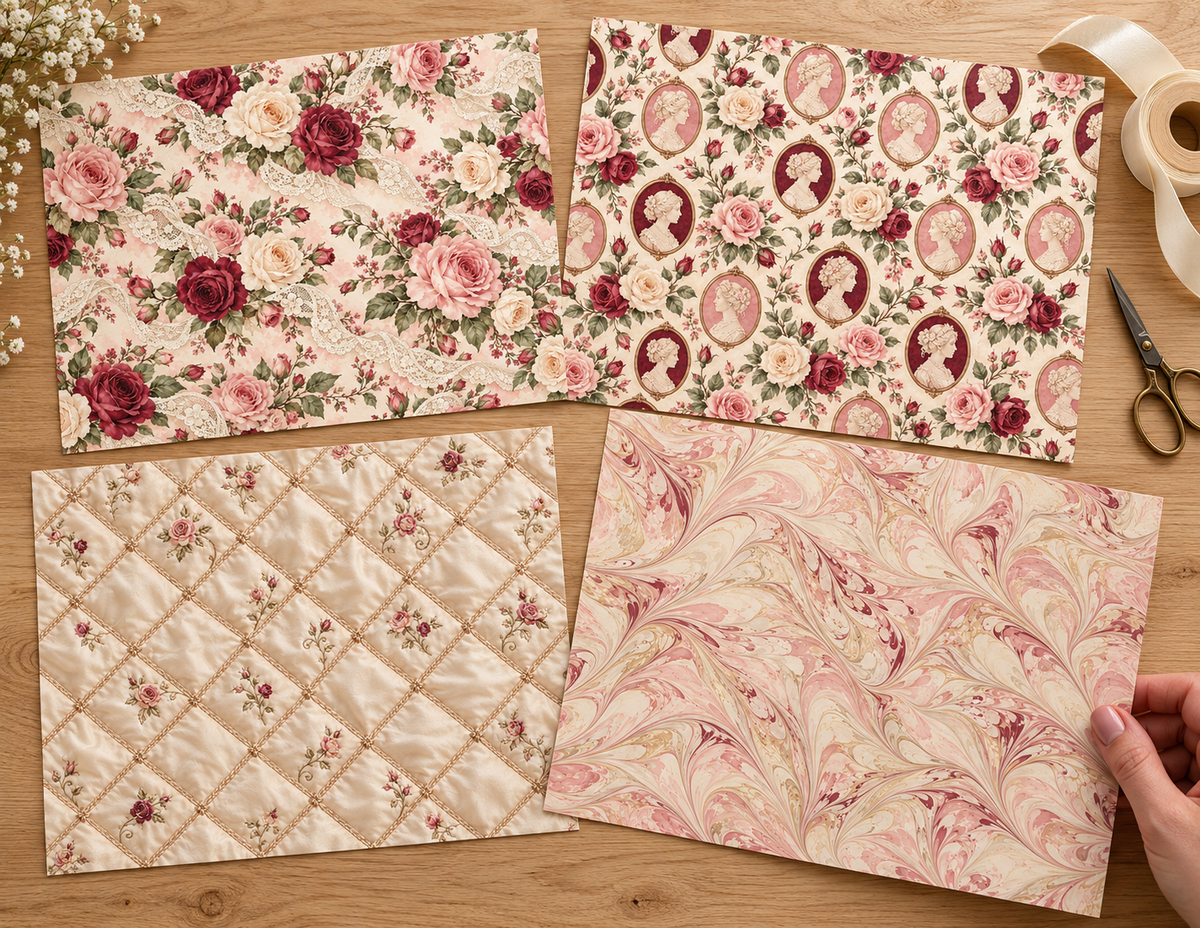 Rose, cameo, quilted and marbled background papers