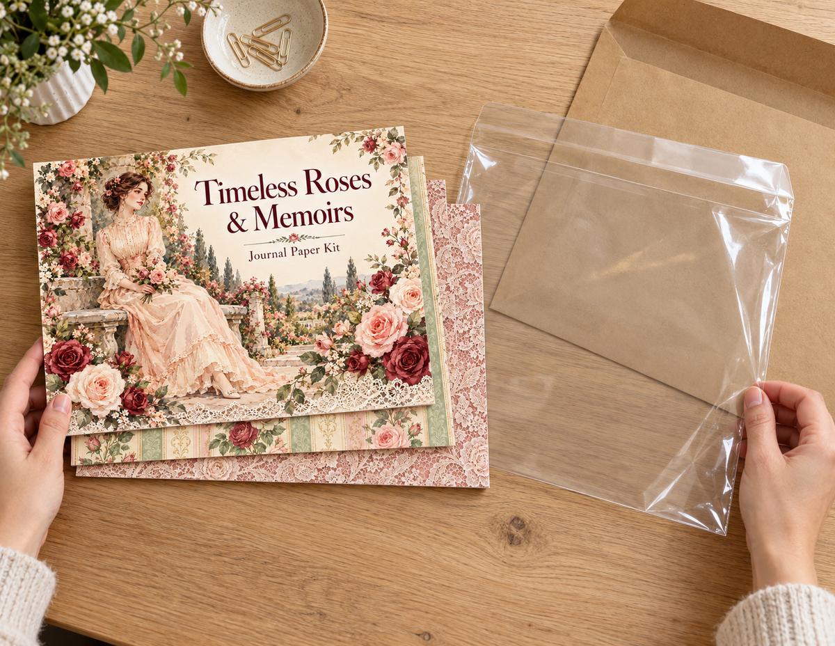 Timeless Roses & Memoirs printed kit beside a clear sleeve and mailing envelope