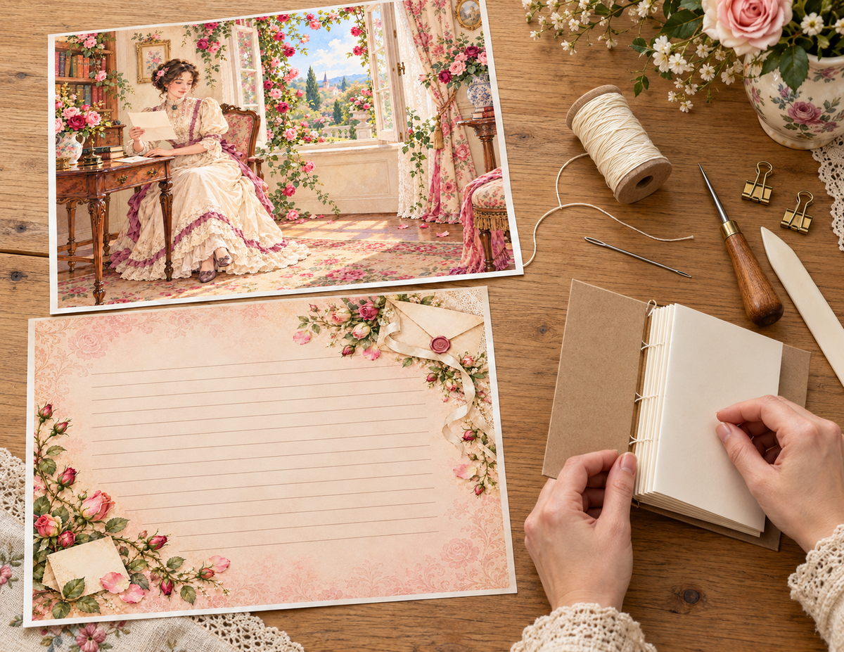 Landscape kit pages beside journal binding supplies