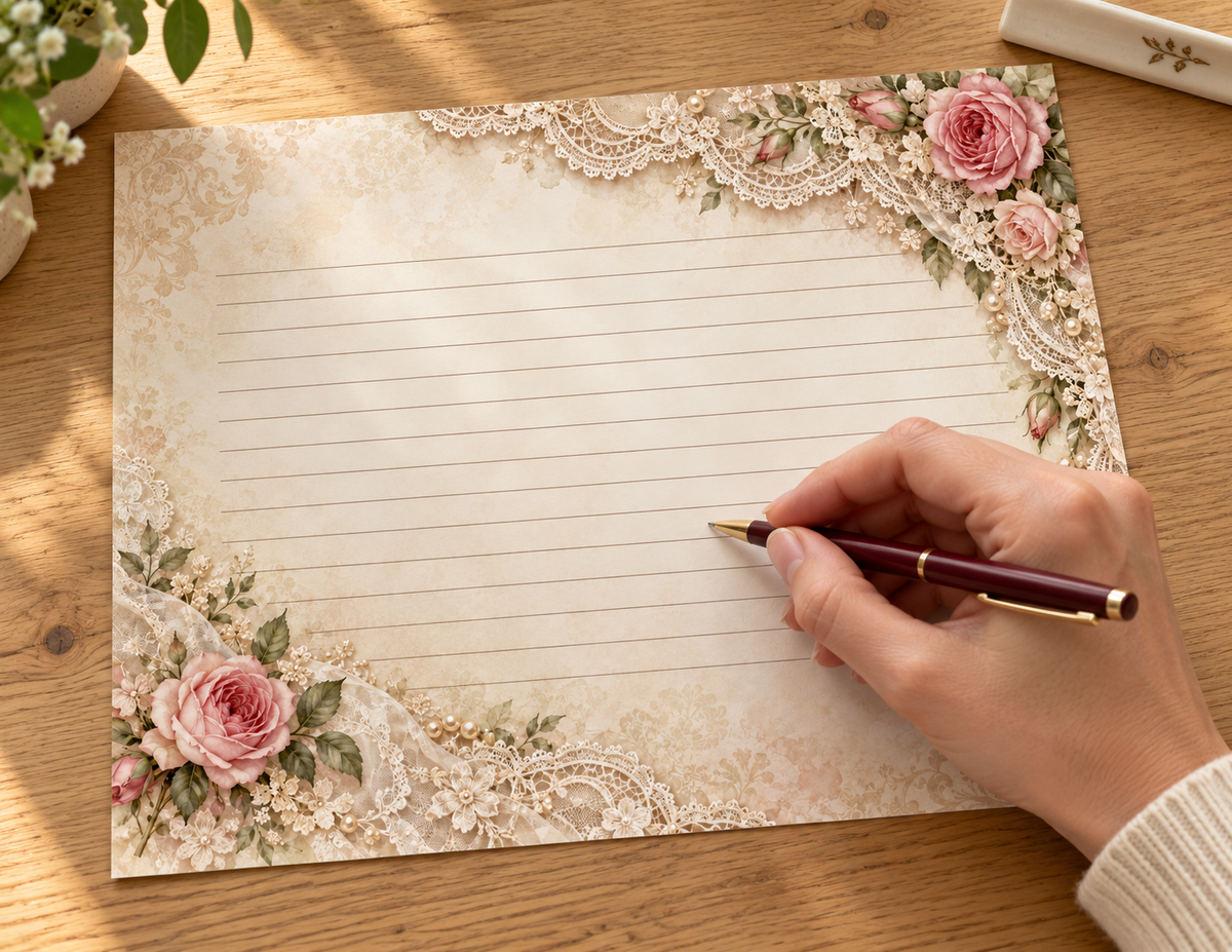 Rose and lace lined journaling page with a hand holding a pen