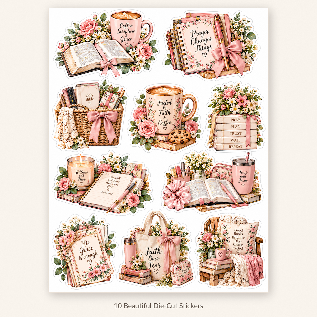 Faith & Coffee ten watercolor stickers displayed together with separate white die-cut outlines