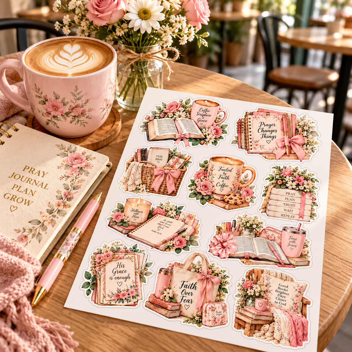 Faith & Coffee sticker set photographed with cappuccino and devotional journal at café