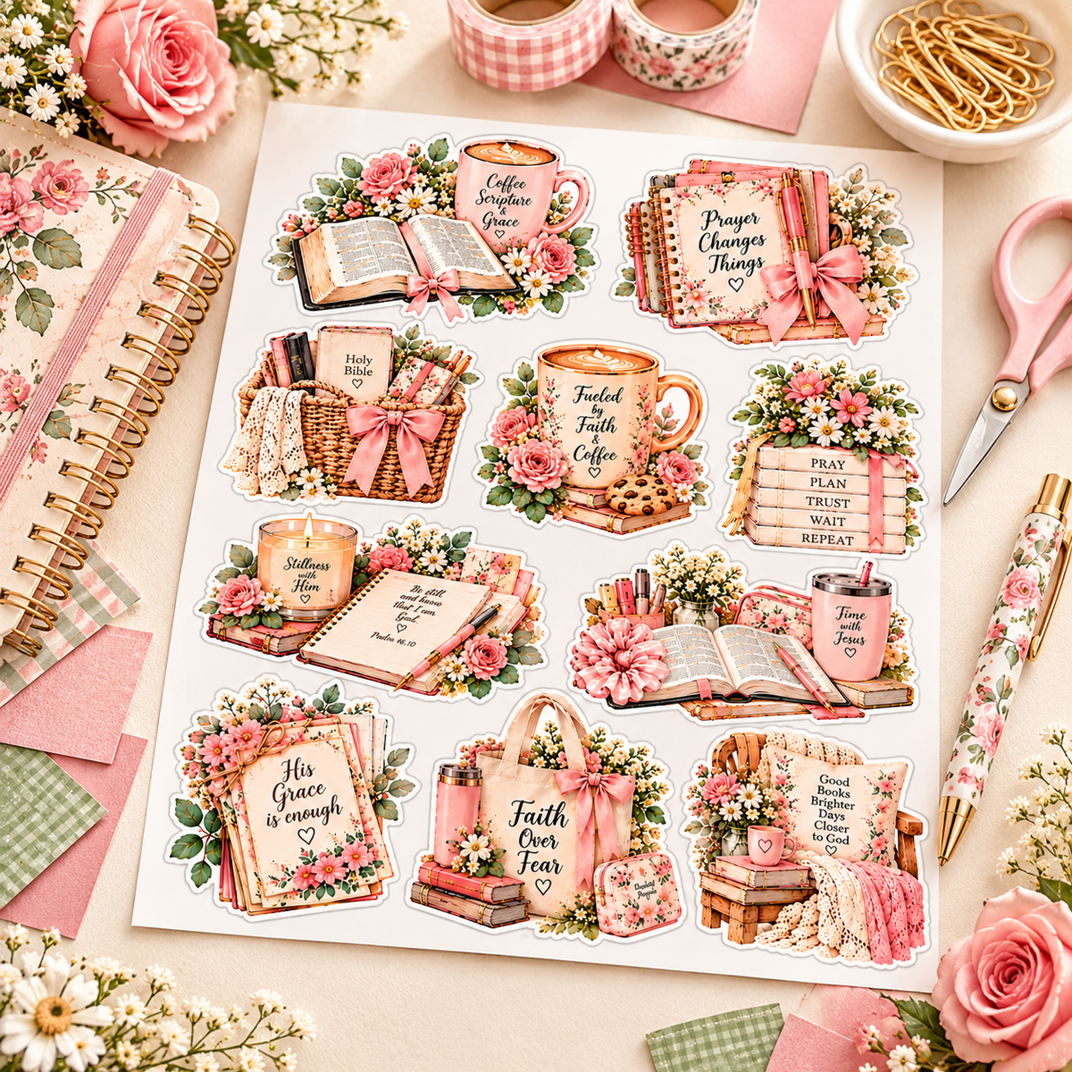 Faith & Coffee sticker sheet in a pastel papercrafting workspace