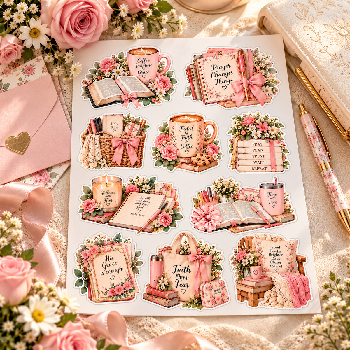 Faith & Coffee sticker sheet gift-styled on ivory linen with floral bouquet and journal