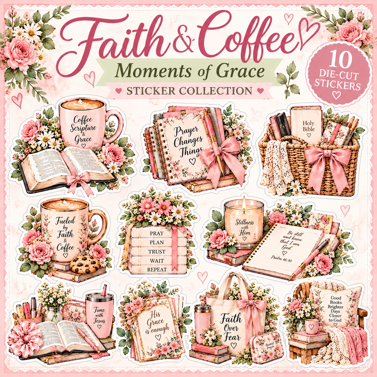 Square product cover for Faith & Coffee Moments of Grace, 10 watercolor die-cut faith and coffee stickers