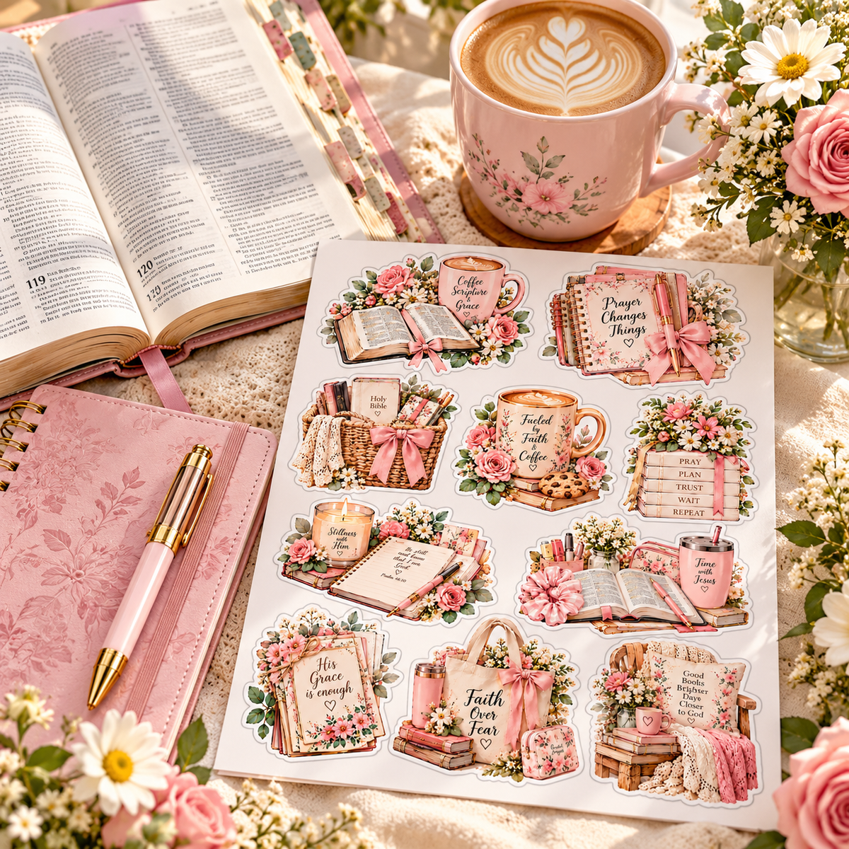 Faith & Coffee sticker sheet with open Bible, prayer journal and pink coffee mug