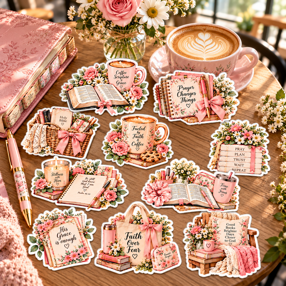 Faith & Coffee ten individually pre-cut stickers displayed loose on a café table