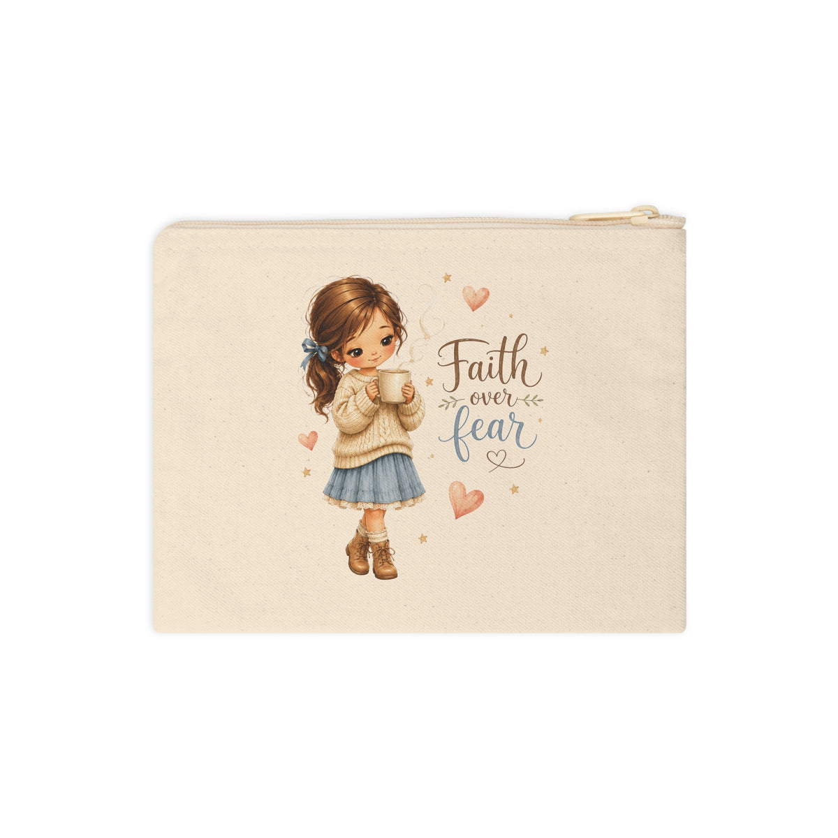 Faith Over Fear cozy girl Christian canvas pouch front