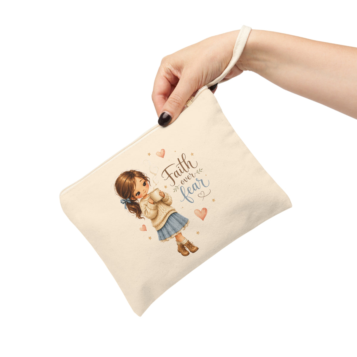 Faith Over Fear canvas wristlet pouch held by hand