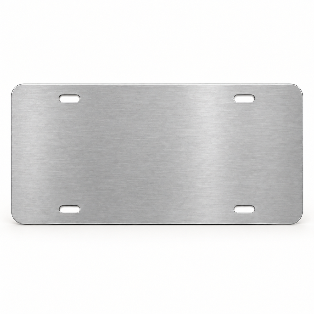 Back side of decorative aluminum license plate with four mounting slots