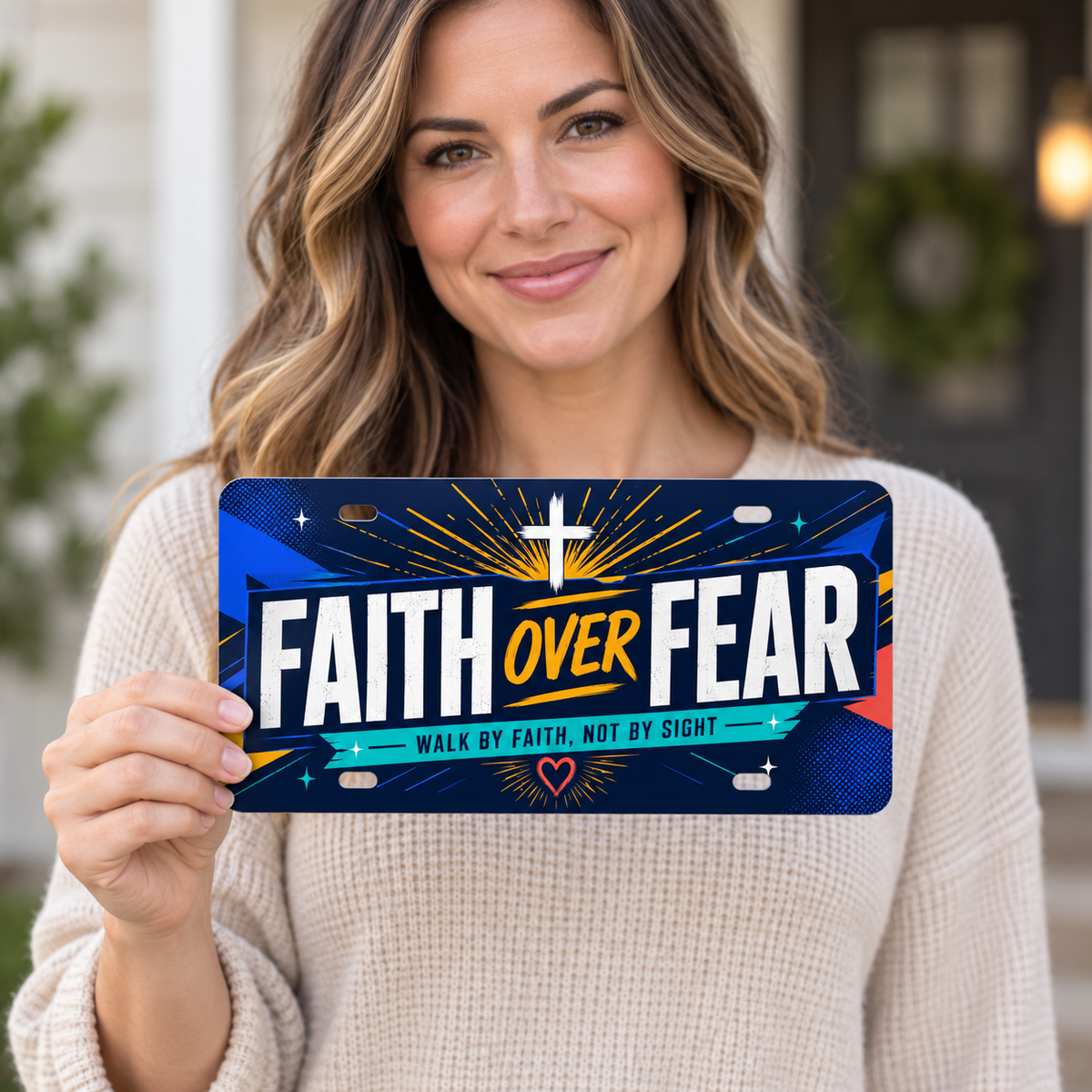 Person holding Faith Over Fear Christian decorative license plate for 12 by 6 inch size reference