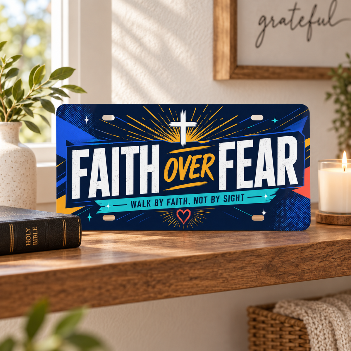 Faith Over Fear Christian decorative license plate displayed in a warm home with Bible and candle