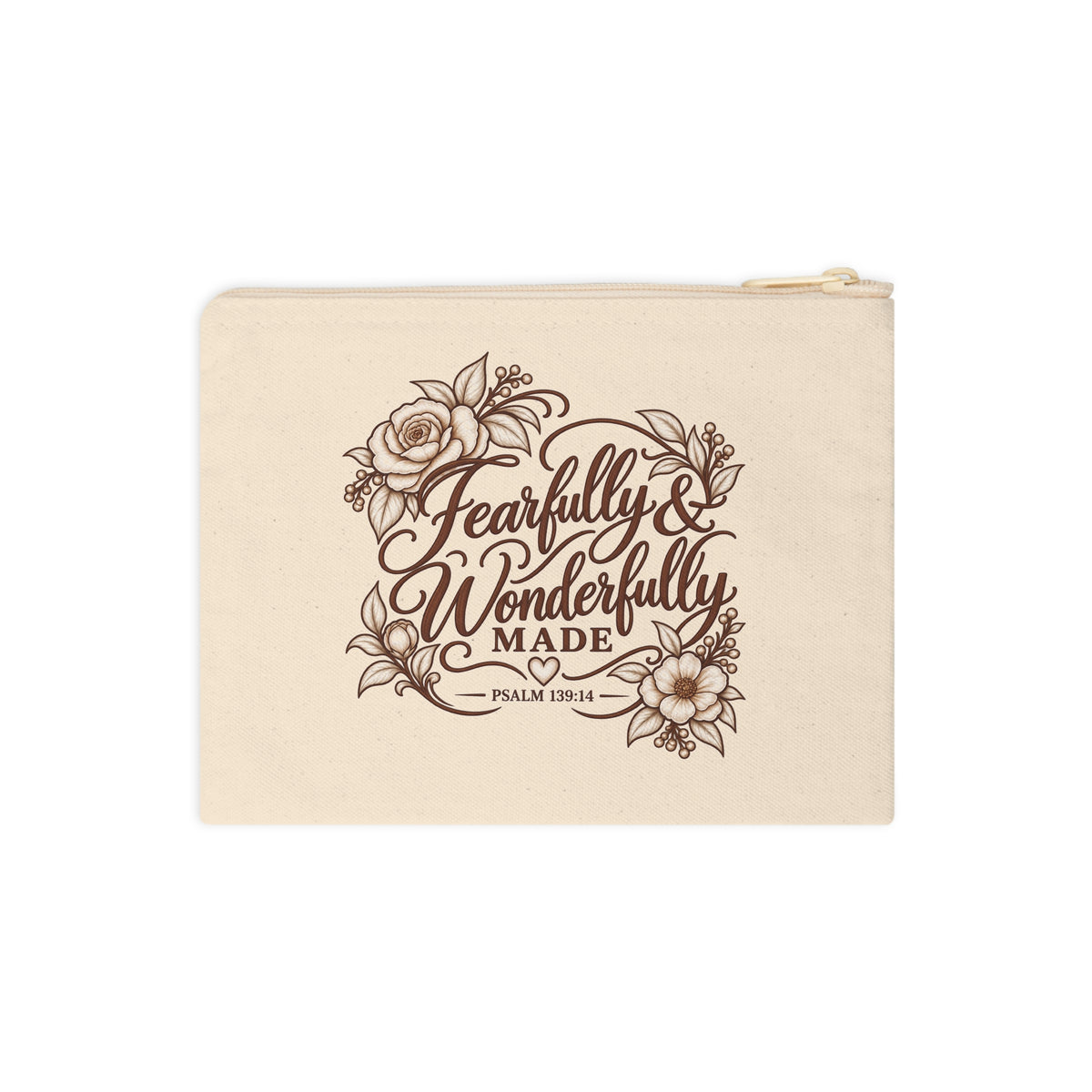 Fearfully and Wonderfully Made Psalm 139:14 floral Christian canvas pouch front view