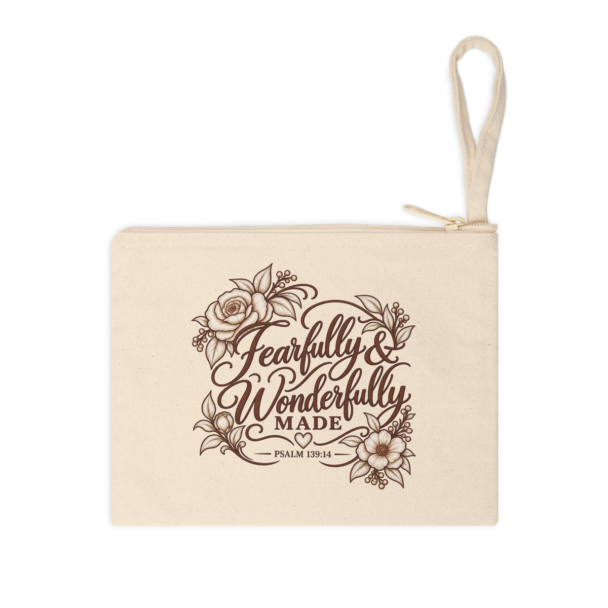 Fearfully and Wonderfully Made Psalm 139:14 Christian floral canvas pouch front mockup