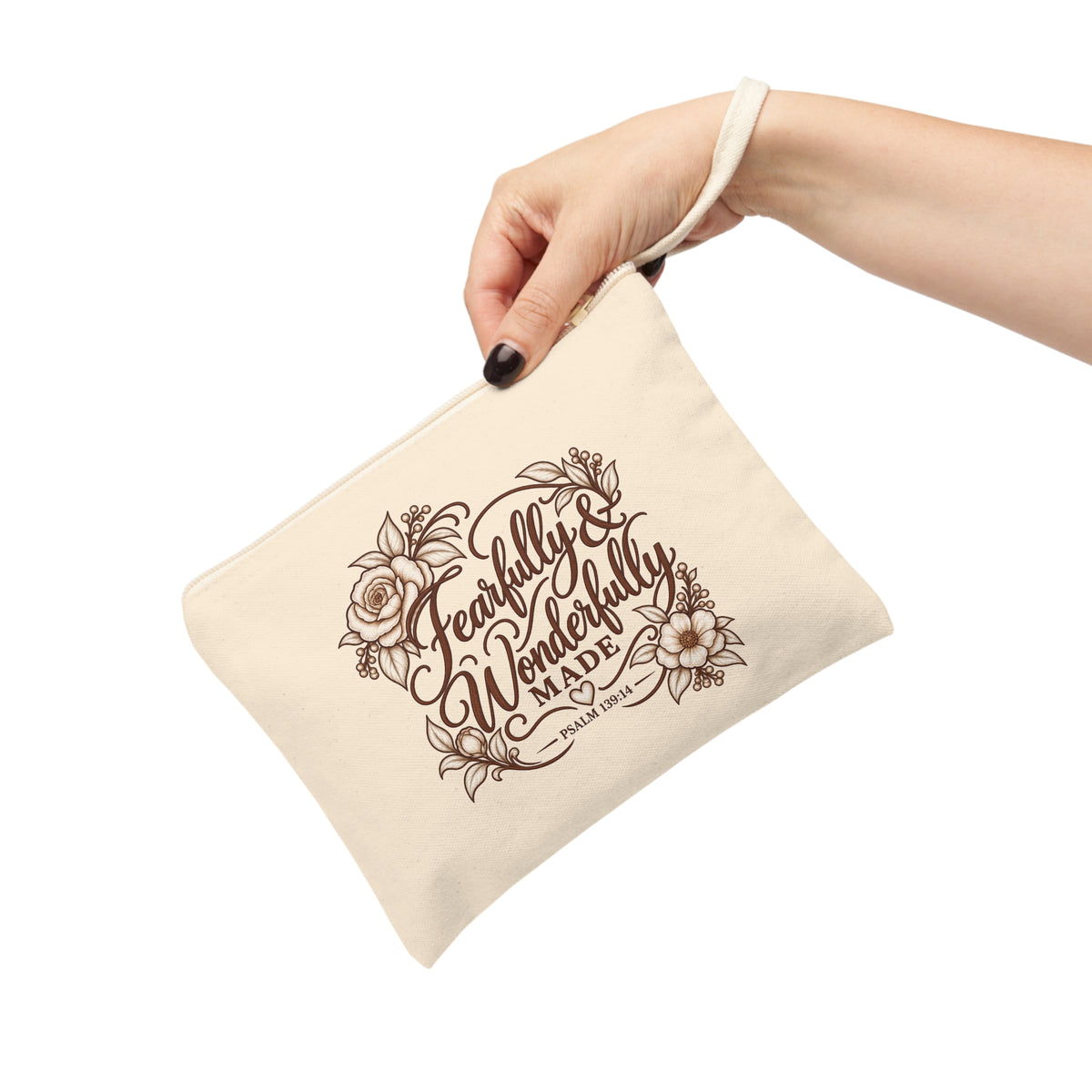 Fearfully and Wonderfully Made Psalm 139:14 Christian canvas pouch held by wrist strap