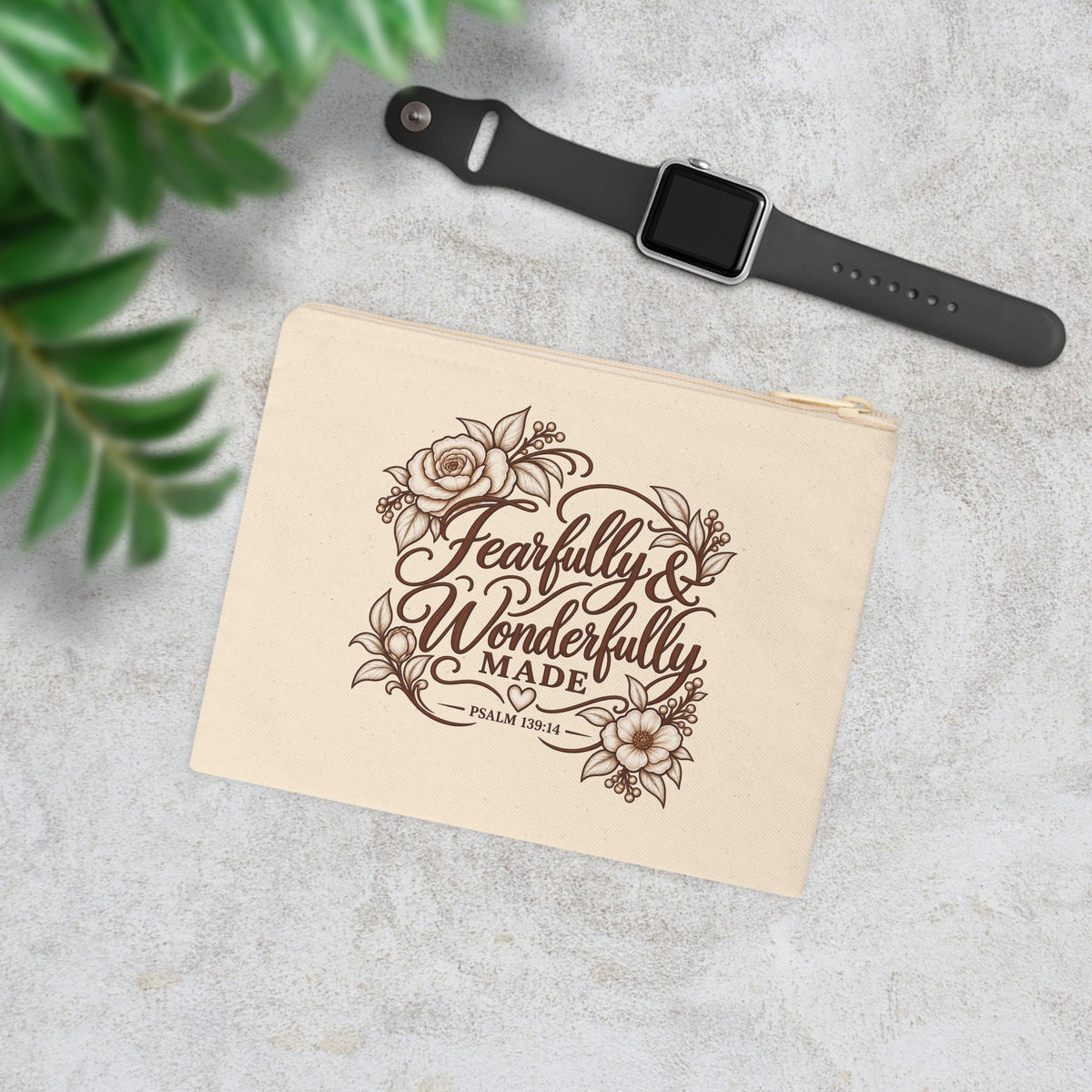 Fearfully and Wonderfully Made Psalm 139:14 Christian canvas pouch lifestyle mockup