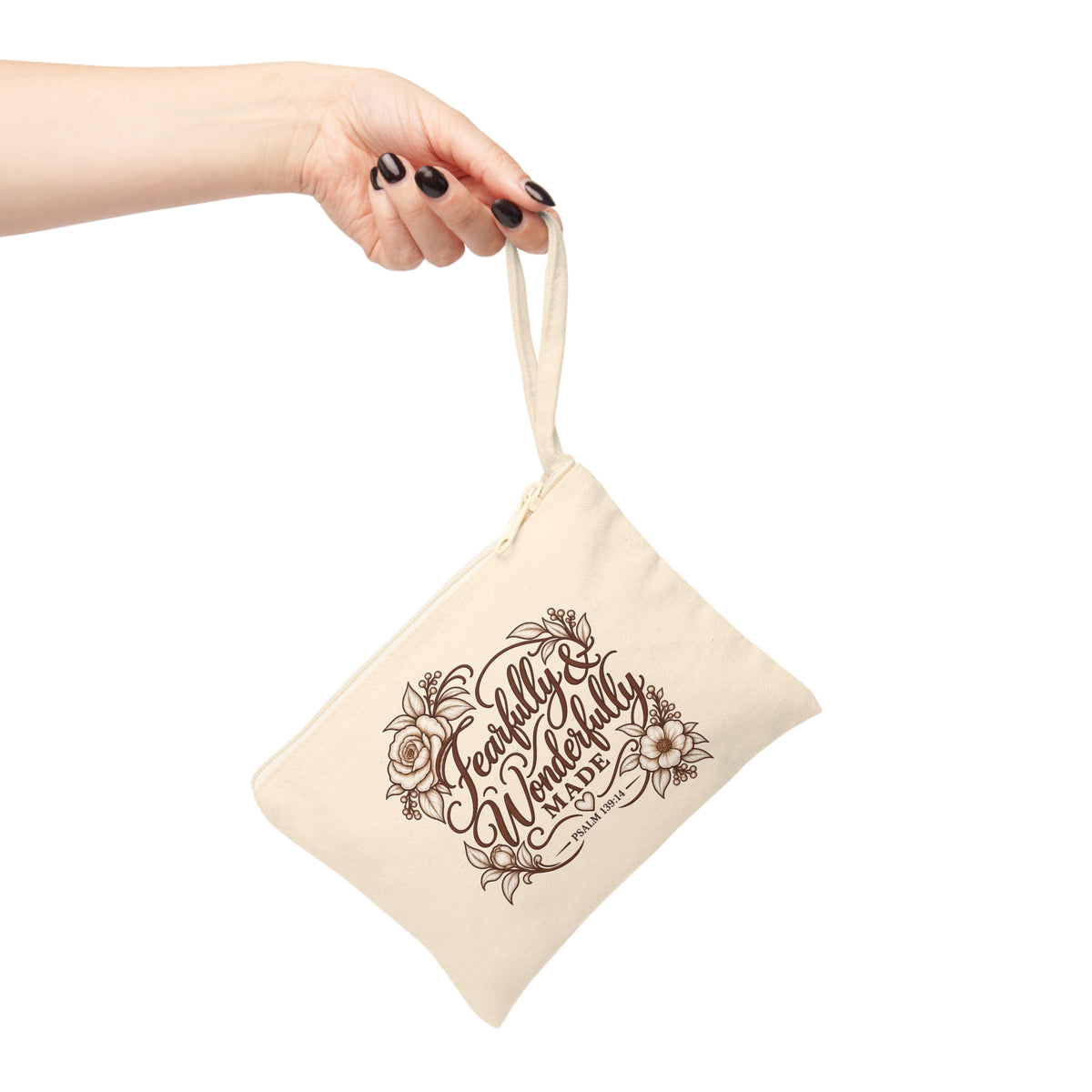 Fearfully and Wonderfully Made Psalm 139:14 Christian canvas wristlet pouch mockup