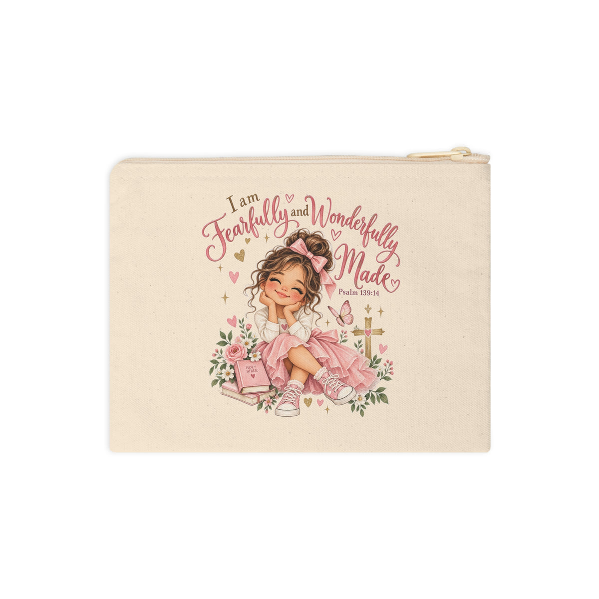 Fearfully and Wonderfully Made Psalm 139:14 pink girl Christian canvas pouch clean front view