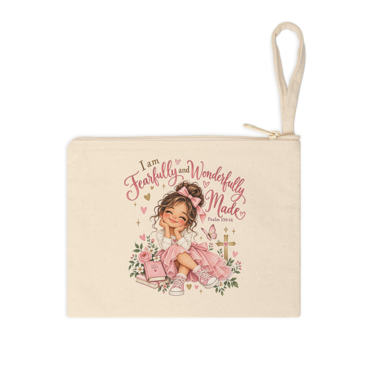Fearfully and Wonderfully Made Psalm 139:14 pink girl Christian canvas pouch front
