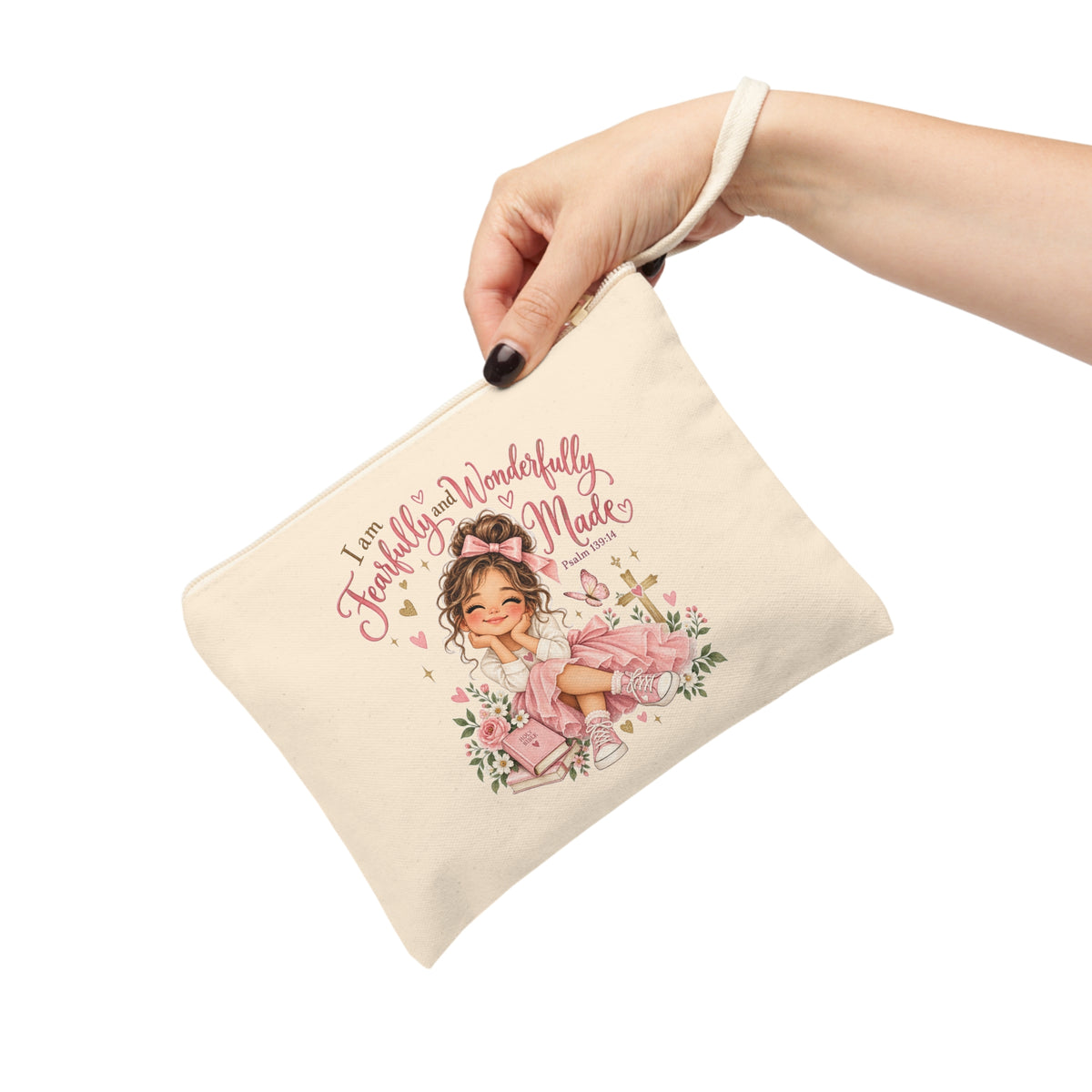Fearfully and Wonderfully Made pink girl Christian canvas pouch held by wrist strap
