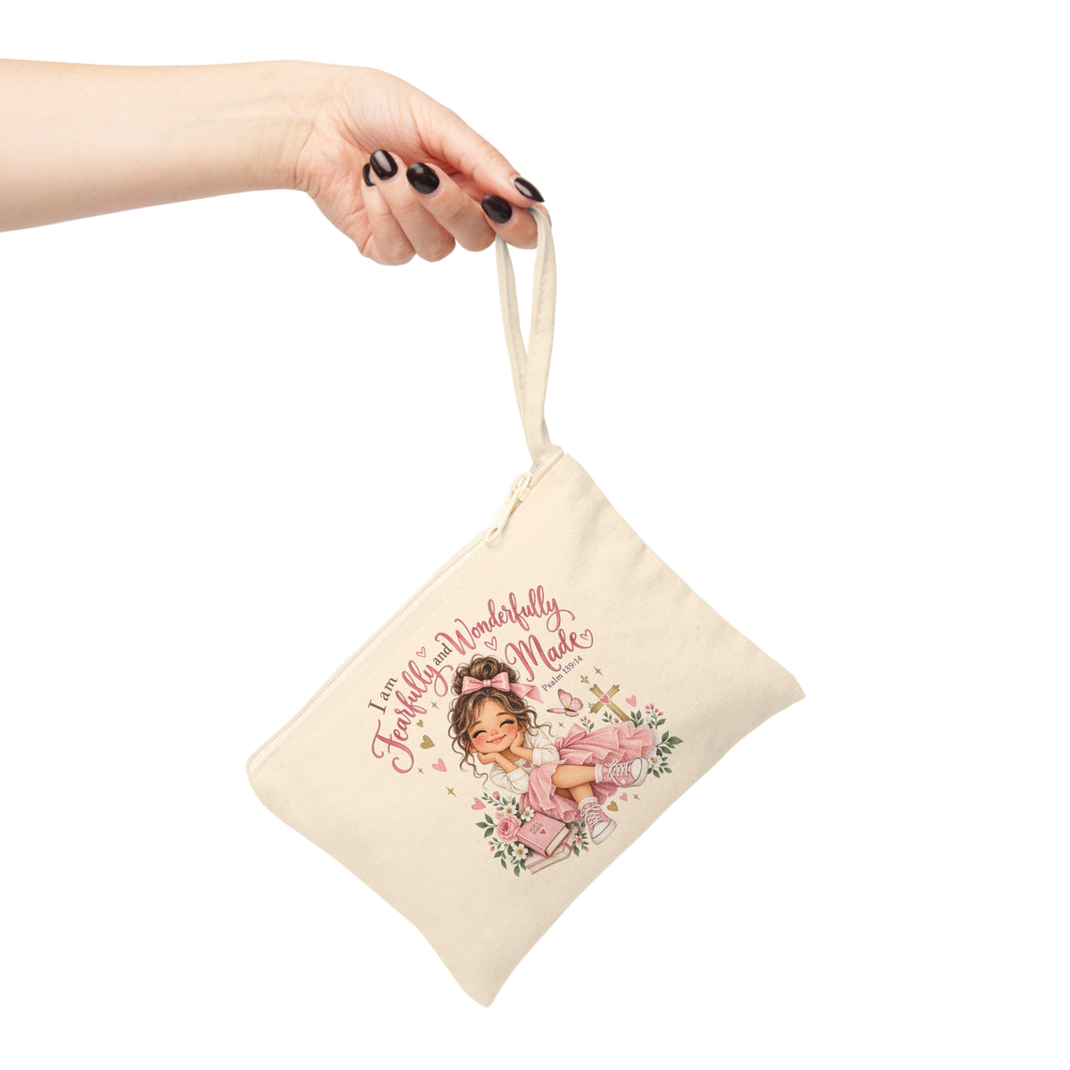 Fearfully and Wonderfully Made Psalm 139:14 pink Christian canvas wristlet pouch