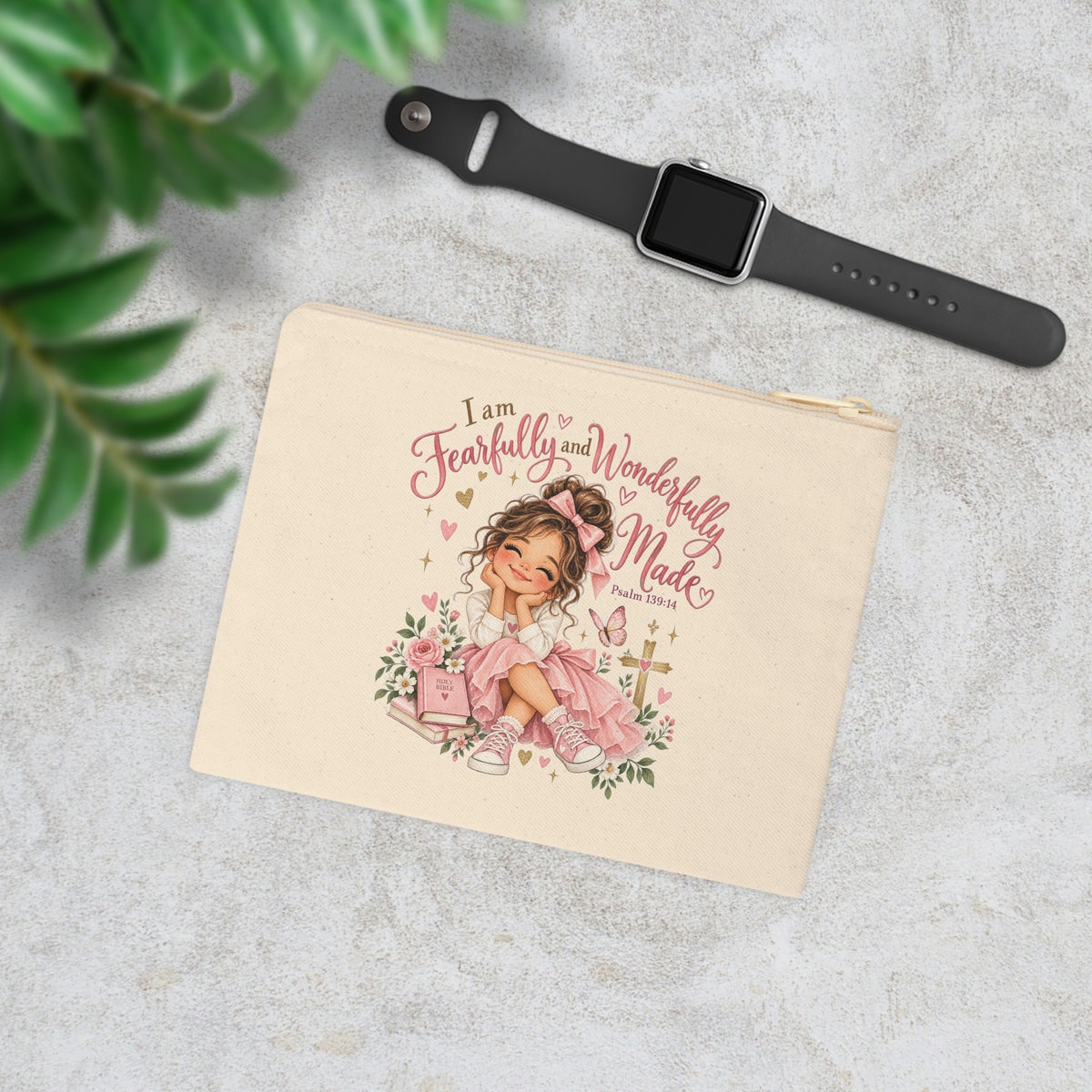 Fearfully and Wonderfully Made Psalm 139:14 Christian canvas pouch lifestyle mockup