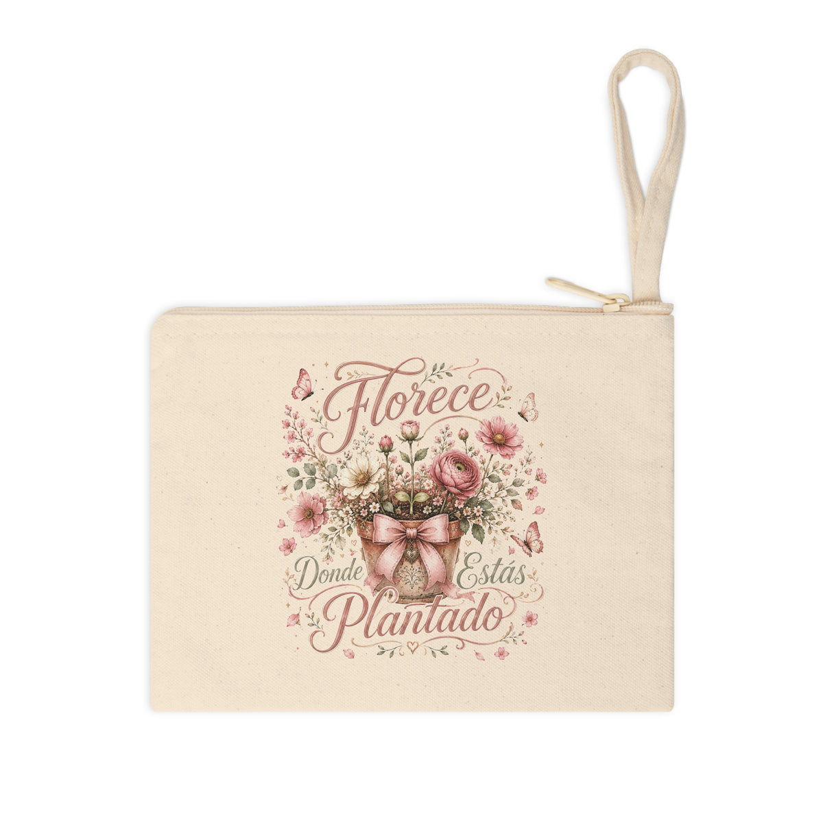 Front view of Florece Donde Estás Plantado canvas wristlet pouch with pink botanical flowers, butterflies and bow.