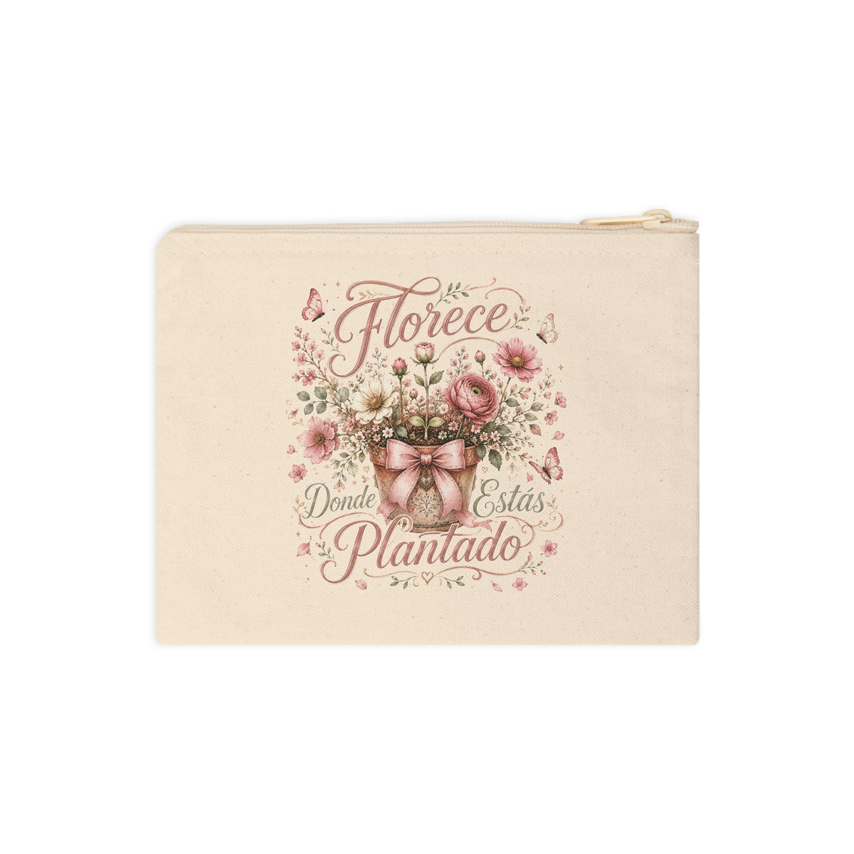 Front view of Florece Donde Estás Plantado natural canvas pouch with pink flowers, butterflies, bow and zipper closure.