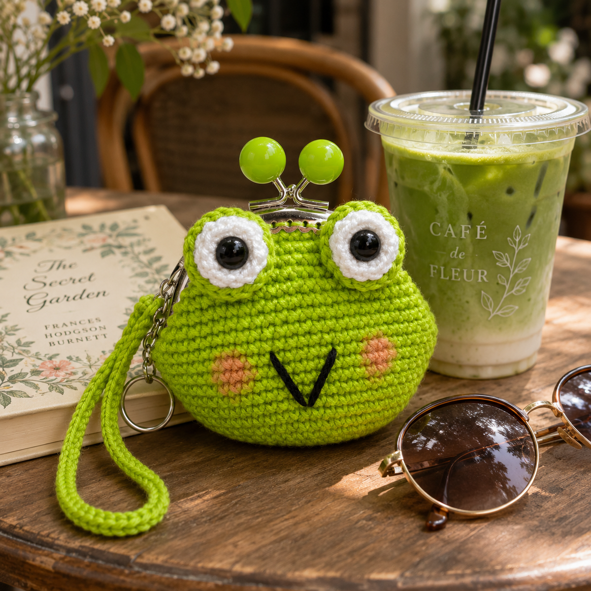Bright green crochet frog coin purse in a cozy cafe setting