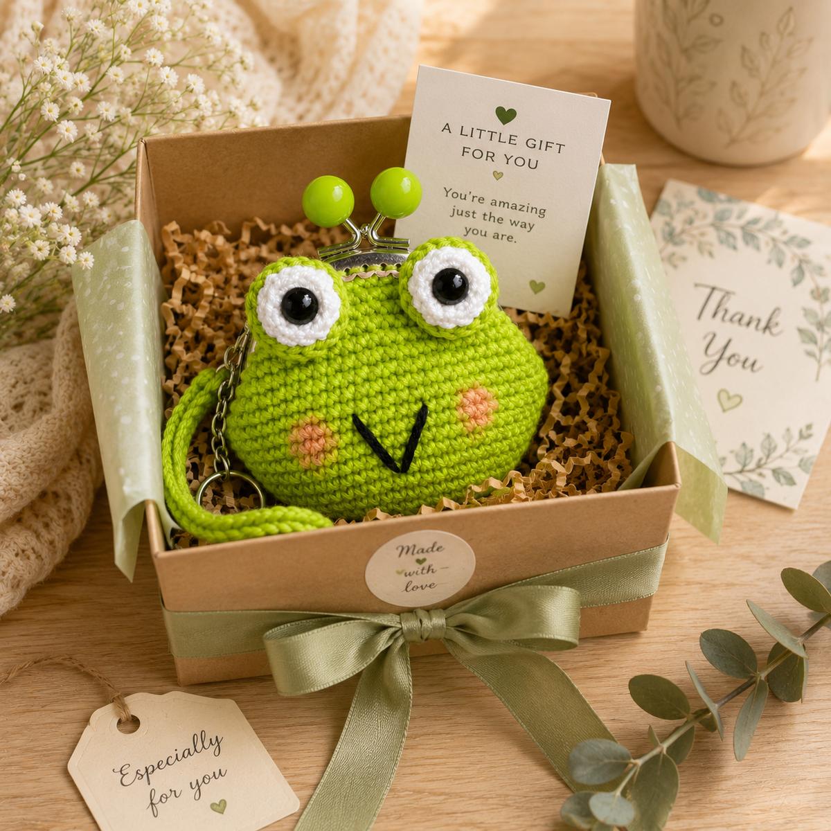 Bright green crochet frog coin purse gift presentation