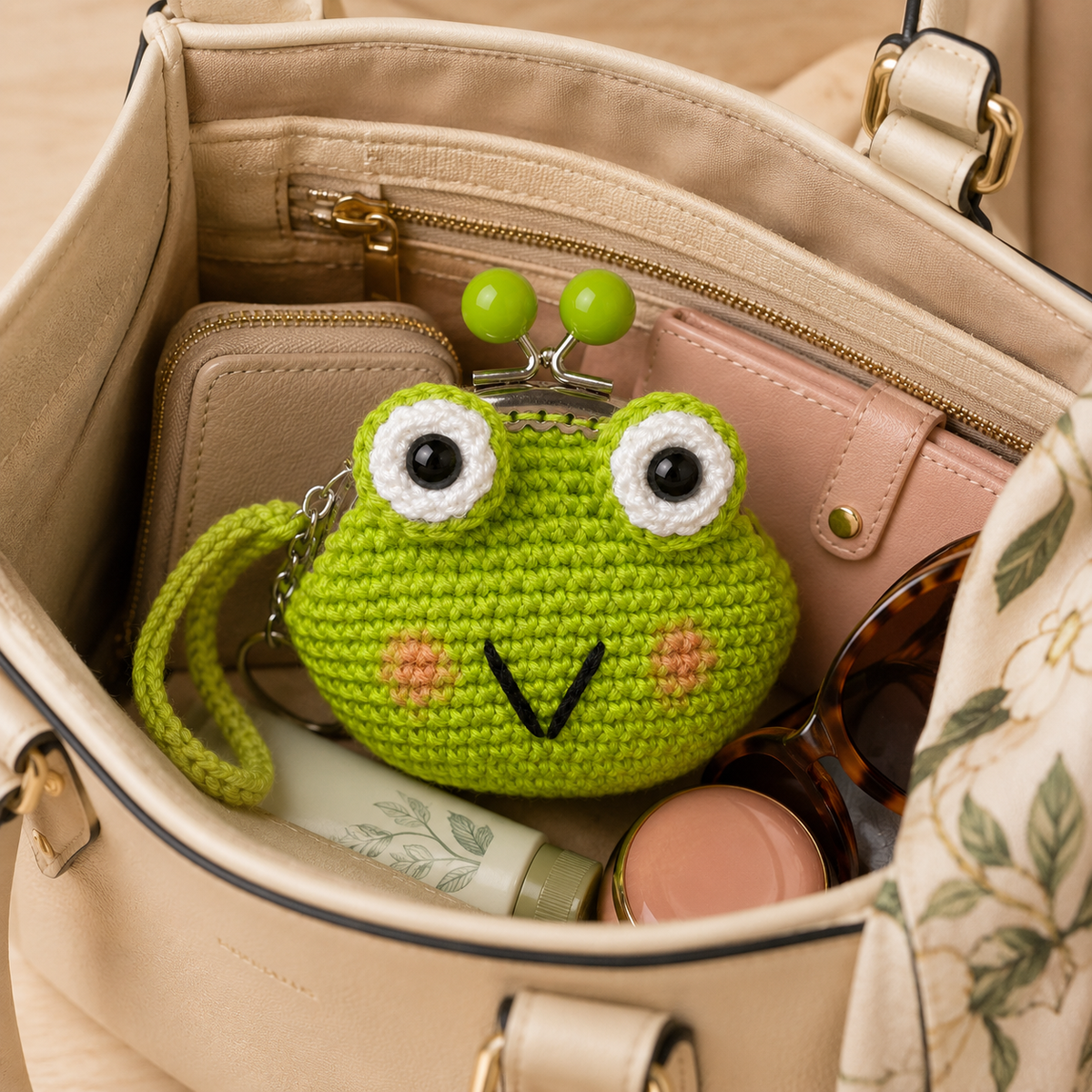 Bright green crochet frog coin purse inside a cream handbag