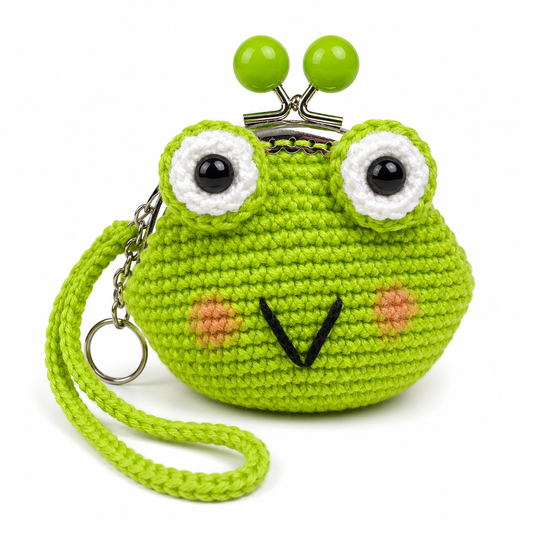 Handmade bright green crochet frog coin purse with kiss-lock clasp