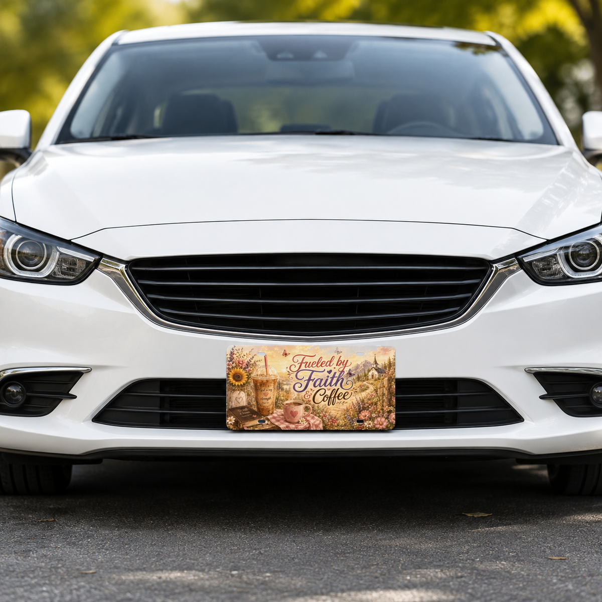 Fueled by Faith and Coffee decorative license plate mounted on a white car