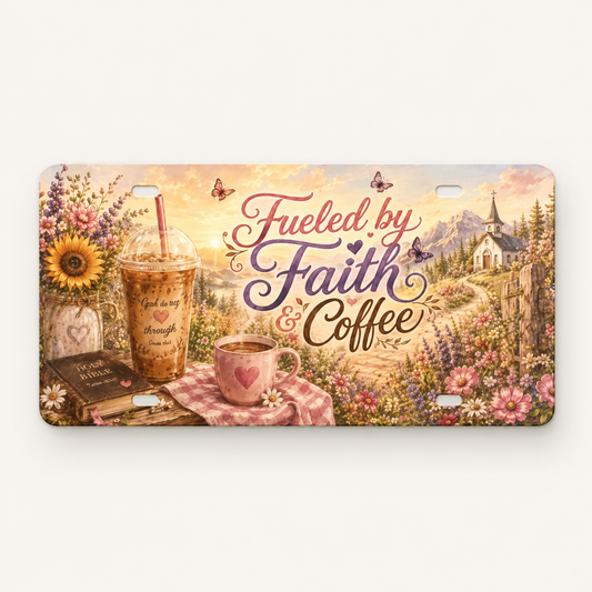 Fueled by Faith and Coffee decorative license plate hero image