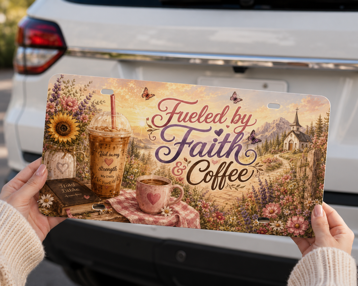 Fueled by Faith and Coffee 12 by 6 inch decorative license plate held in hands for size reference