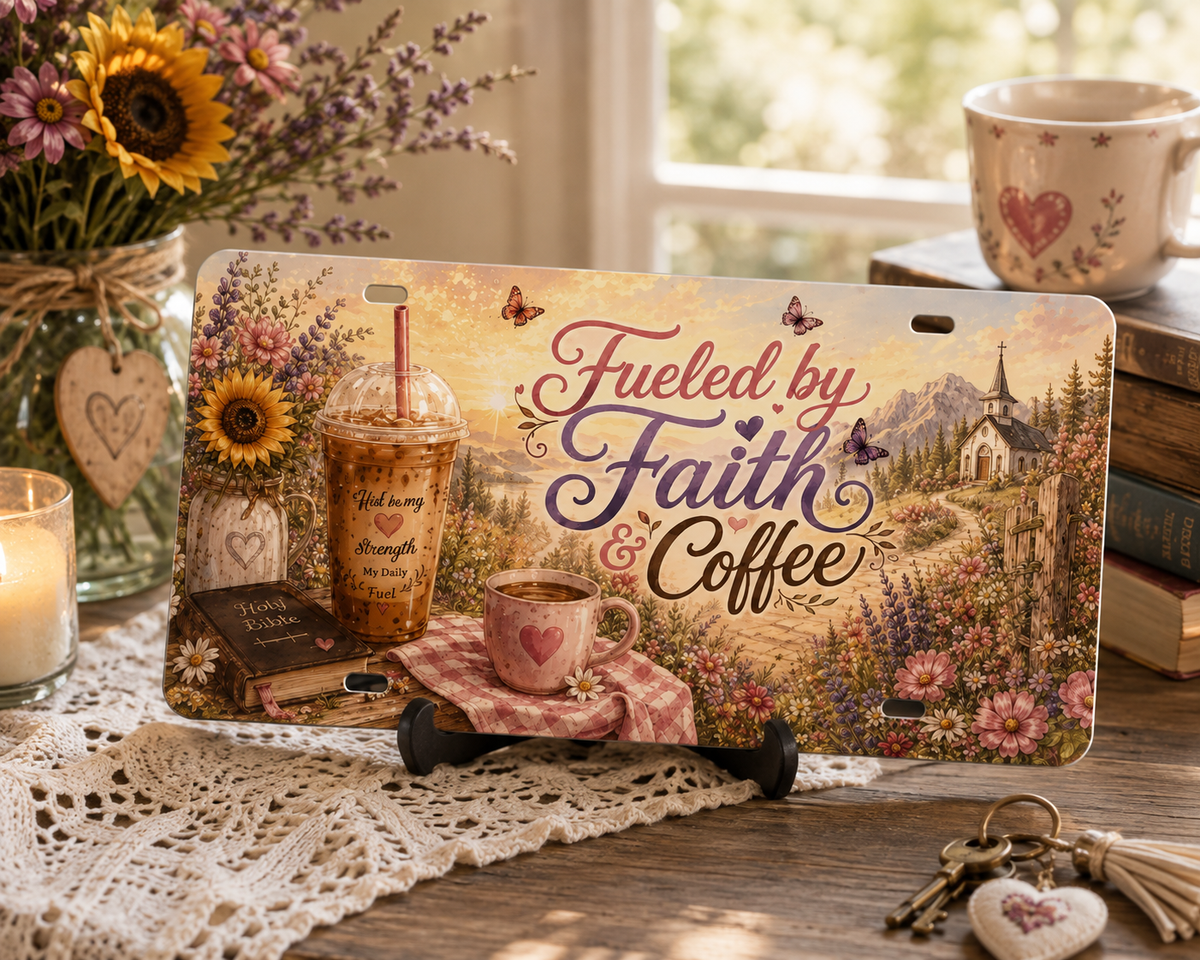 Fueled by Faith and Coffee decorative license plate in a warm tabletop lifestyle display