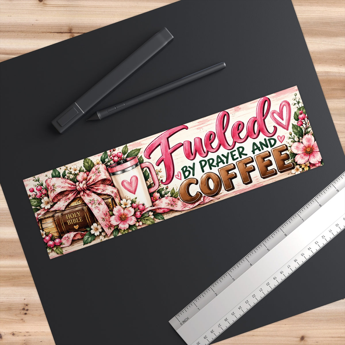 Bumper sticker flat lay with ruler