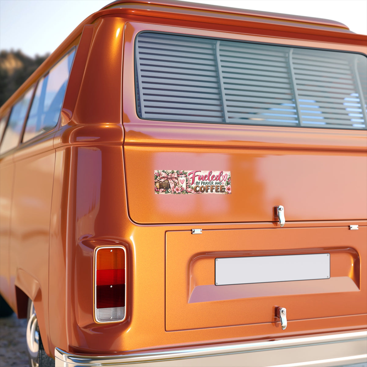 11 by 3 inch bumper sticker on orange van